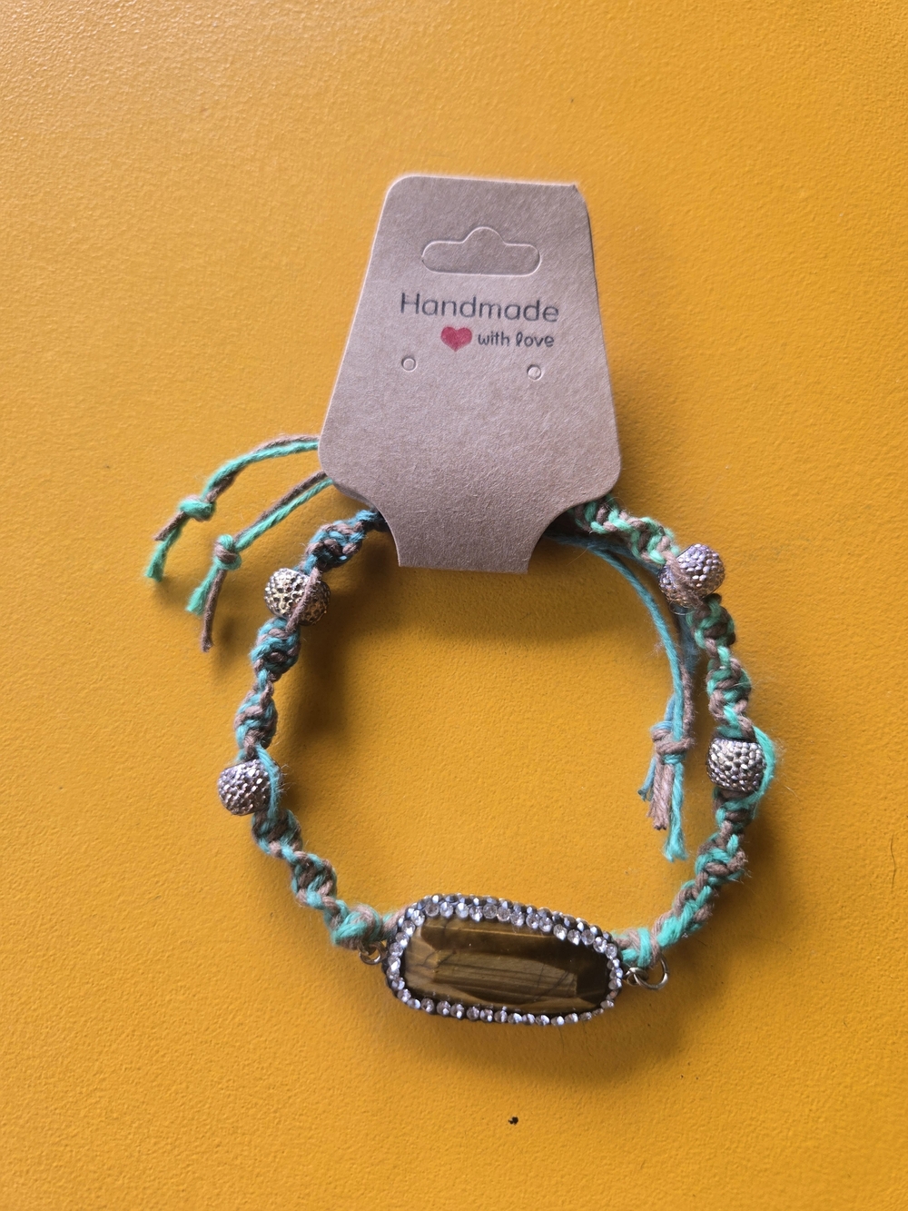 Handmade Turquoise & Tan Braided Bracelet with Brown Stone
